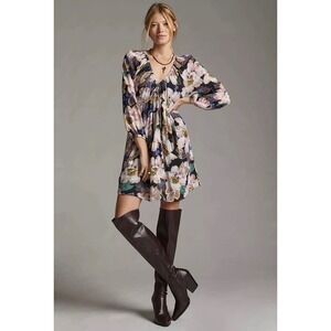 Anthropologie Floral V-Neck Tiered Mini Dress Multi Floral Boho Sz XS